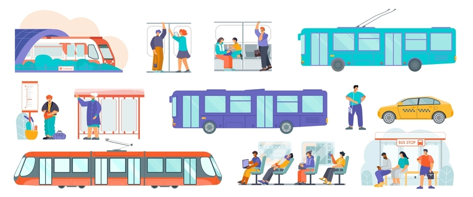 Public transport flat set with tram bus stop schedule trolleybus subway train taxi passengers isolated vector illustration