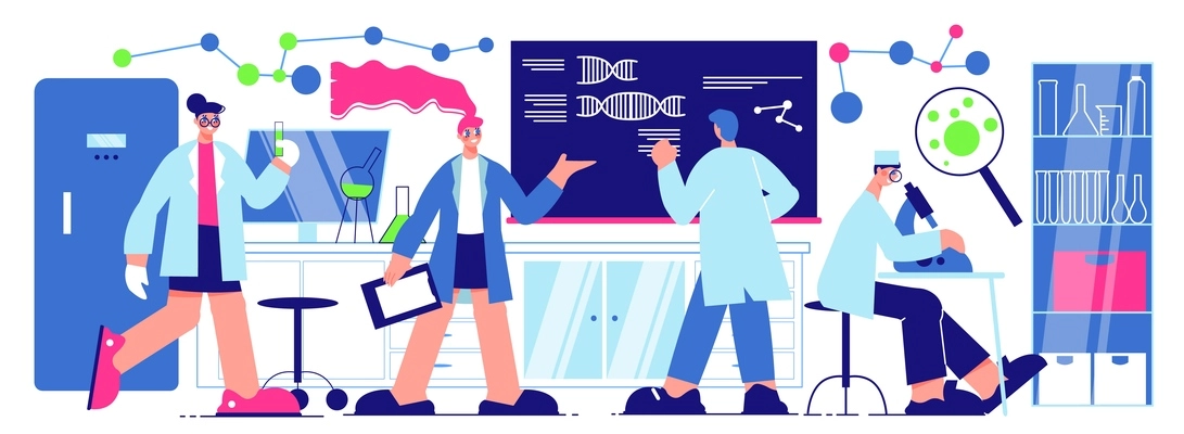 Scientists horizontal illustration with male and female characters working in science laboratory on innovative projects flat vector illustration