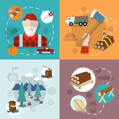 Lumberjack woodcutter flat composition icons set isolated vector illustration