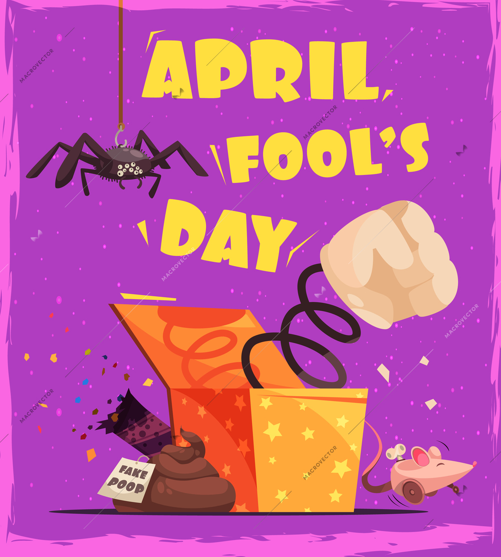 All fools day square composition with editable text and images of shit kick box and spider vector illustration