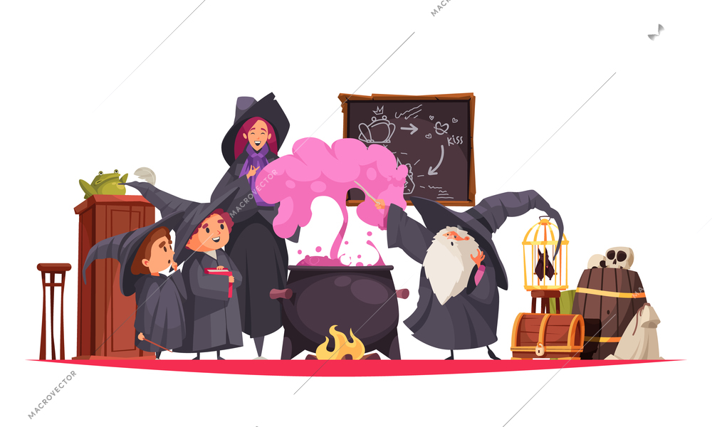 Magic school composition with cartoon style characters of students and teacher performing alchemy experiments in class vector illustration