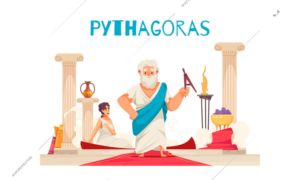 Pithagoras composition with doodle character of ancient greek mathematician pythagor with columns red carpet and text vector illustration