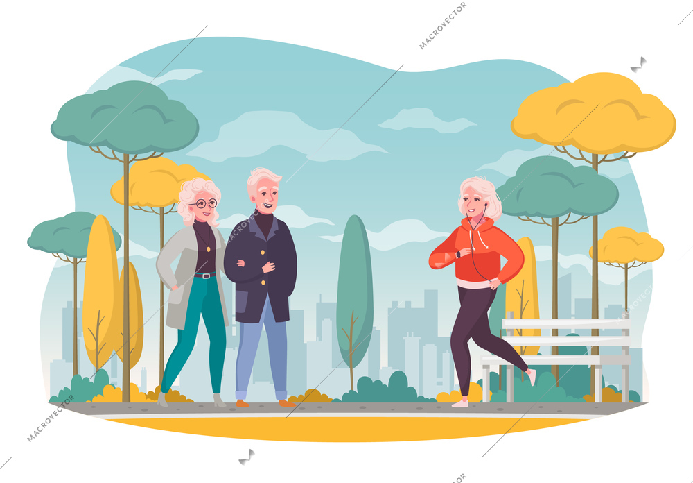 Elderly people outdoor cartoon composition with walking couple active senior woman jogging autumn cityscape background vector illustration