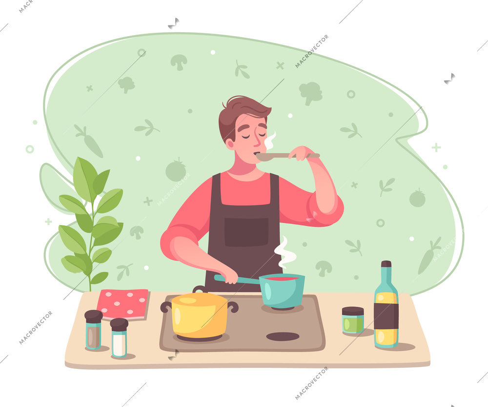 Hobbies background cartoon composition with man tasting soup when cooking making dishes rich as professional vector illustration