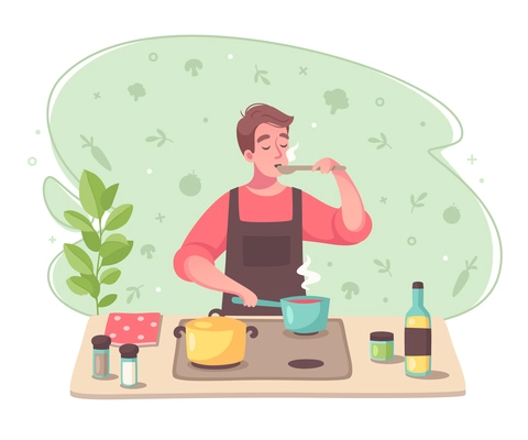 Hobbies background cartoon composition with man tasting soup when cooking making dishes rich as professional vector illustration