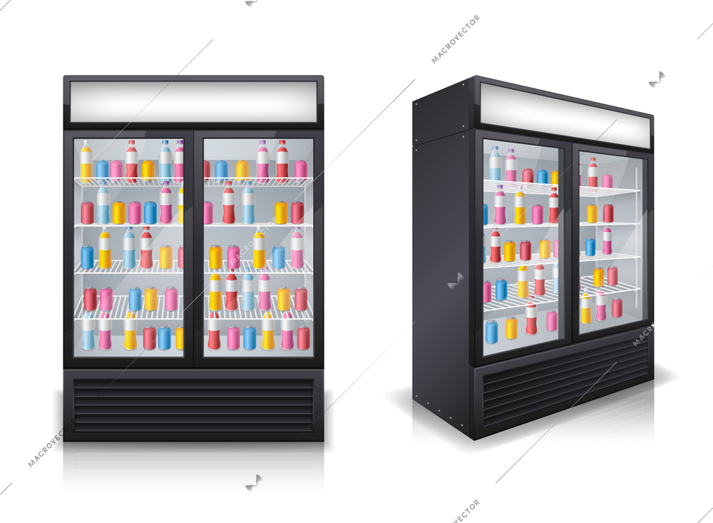 Drinks fridges with 2 display doors filled with colorful refreshments bottles front angular views realistic vector illustration