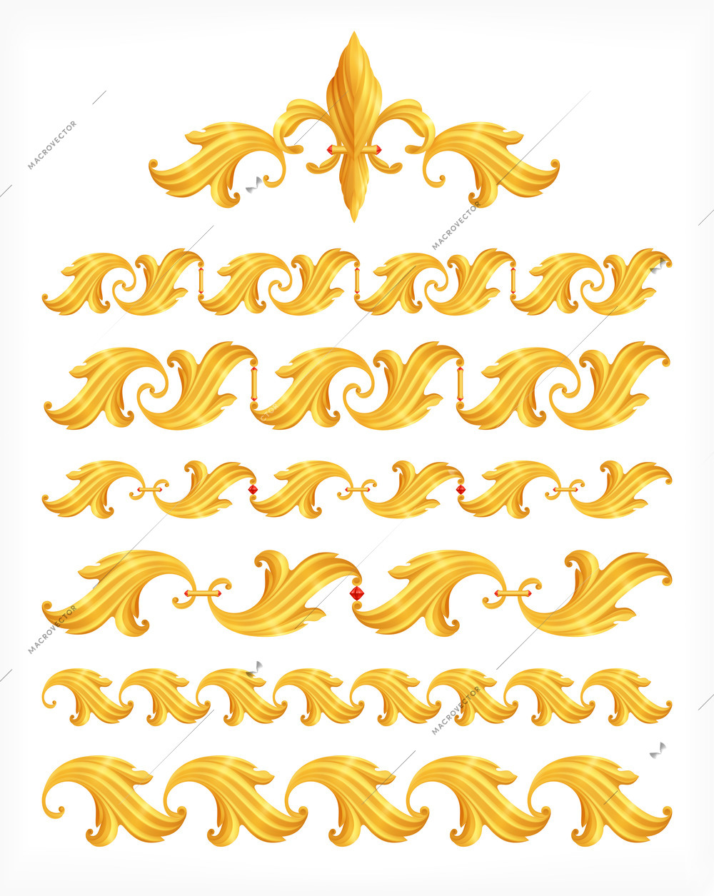 Heraldic decorative elements seamless borders with swirls realistic isolated vector illustration