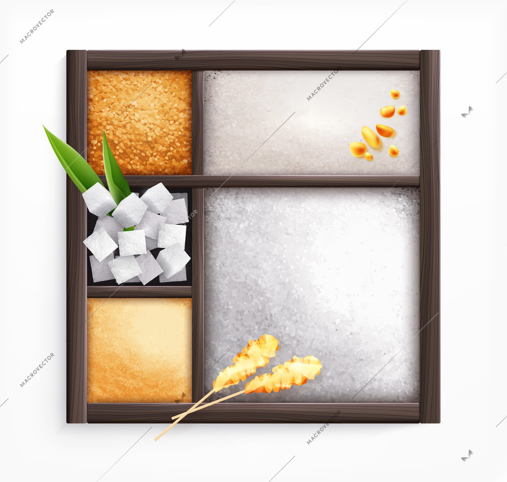 White and brown sugar in box with piles and cubes realistic vector illustration