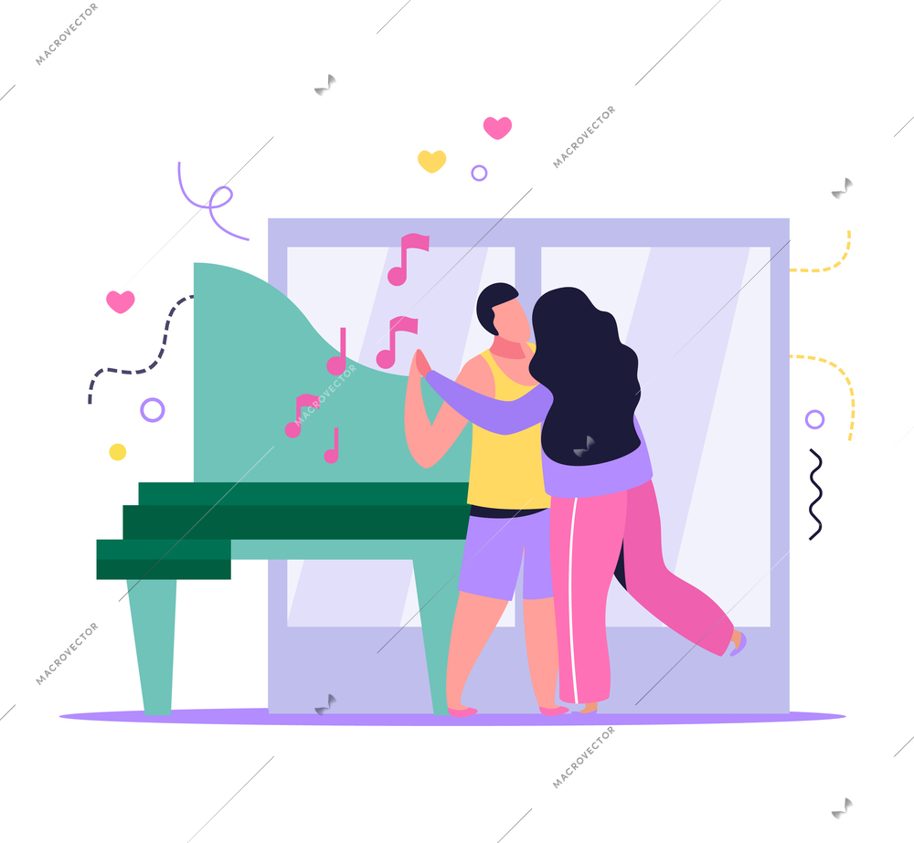 Hug day flat background with indoor composition images of grand piano sounds and dancing lovers couple vector illustration