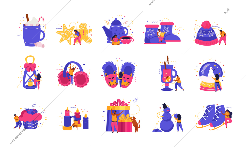 Happy winter flat set of isolated icons with sweets and warm clothes snowman and human characters vector illustration