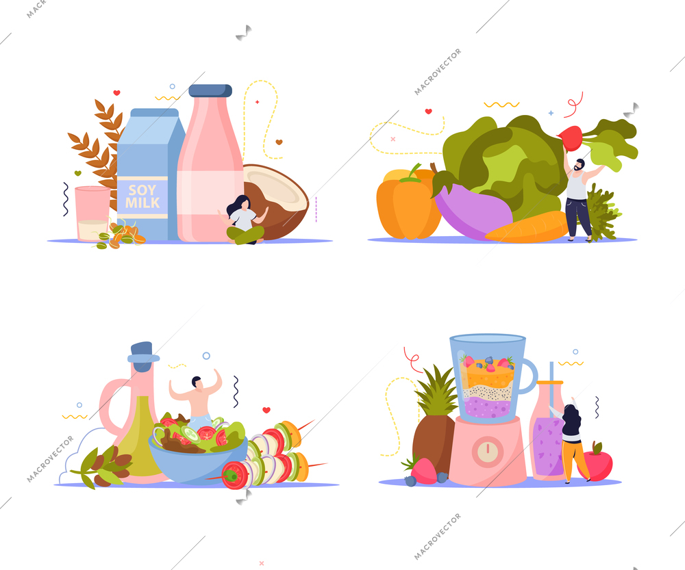 Vegan food set of four isolated compositions with images of ripe fruits vegetables and soy milk vector illustration