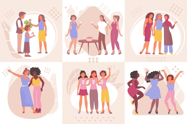 Flat composition set with happy women celebrating their international day isolated vector illustration