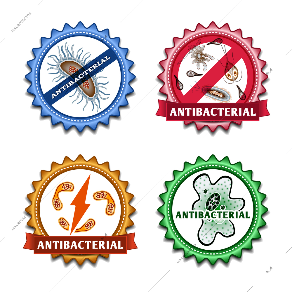 Antibacterial health care ribbon badges set isolated vector illustration