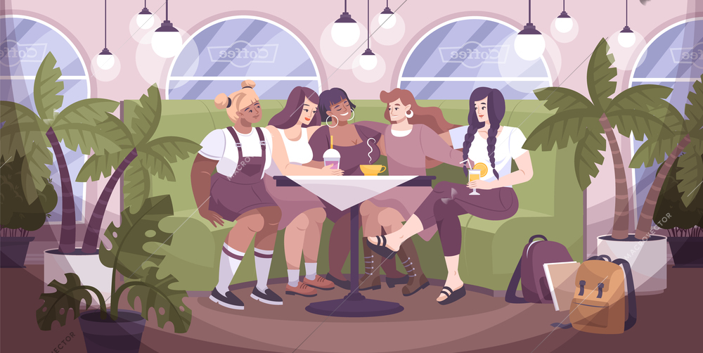 Flat hug woman composition friendly company of women hugging in a cafe vector illustration