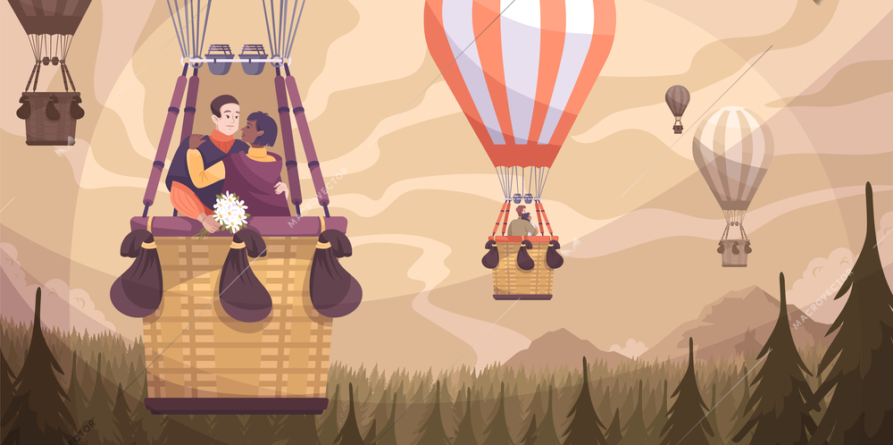 Romantic couple balloon flat composition with balloon flight romantic ride of two lovers vector illustration