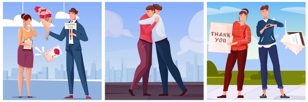 Thank you flat square illustrations with kissing and embracing enamored couples isolated vector illustration