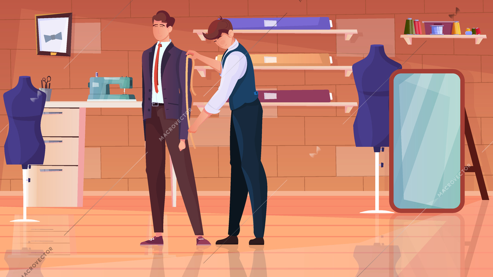 Tailoring atelier flat background with professional tailor taking measurements from client vector illustration