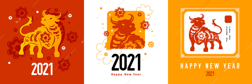 Holiday poster set with Year of the ox and Happy Chinese New Year text vector illustration