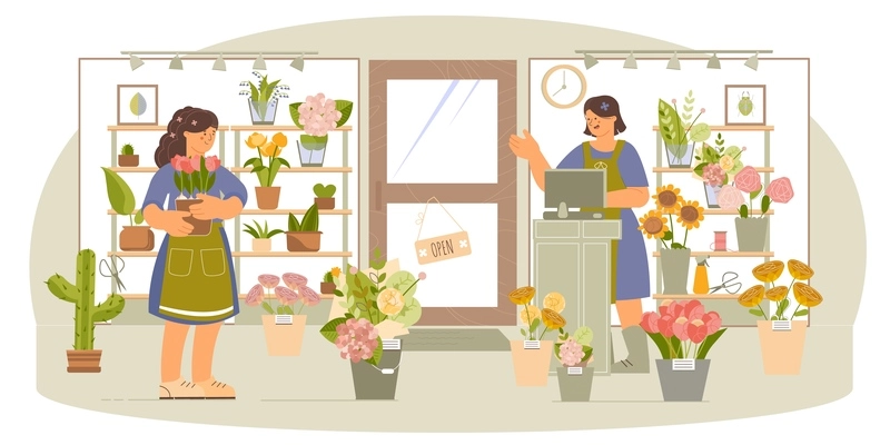 Flower shop interior flat composition with florist cactus plants flowers bouquets arrangements window display customer vector illustration