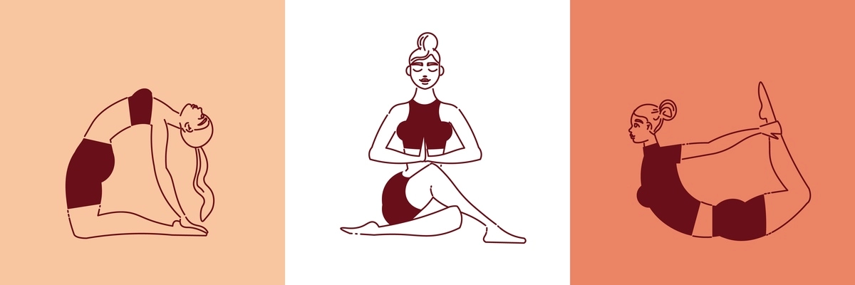 Line art woman yoga design concept with three square compositions of female characters in different poses vector illustration