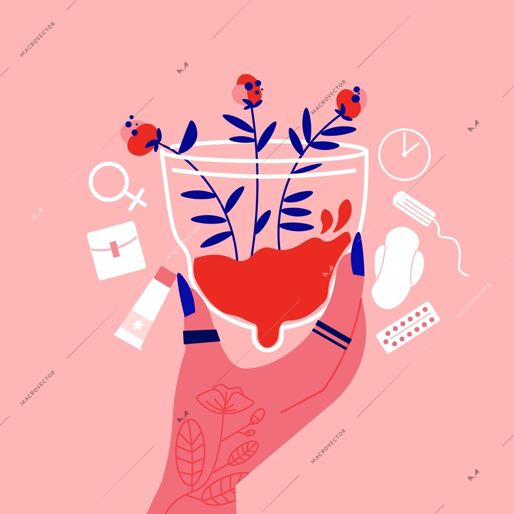 Menstruation pms woman square composition with hand holding menstrual cap with flowers and sanitary product icons vector illustration