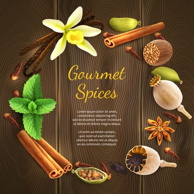 Confectionery gourmet spices food product decorative elements on dark wooden background vector illustration