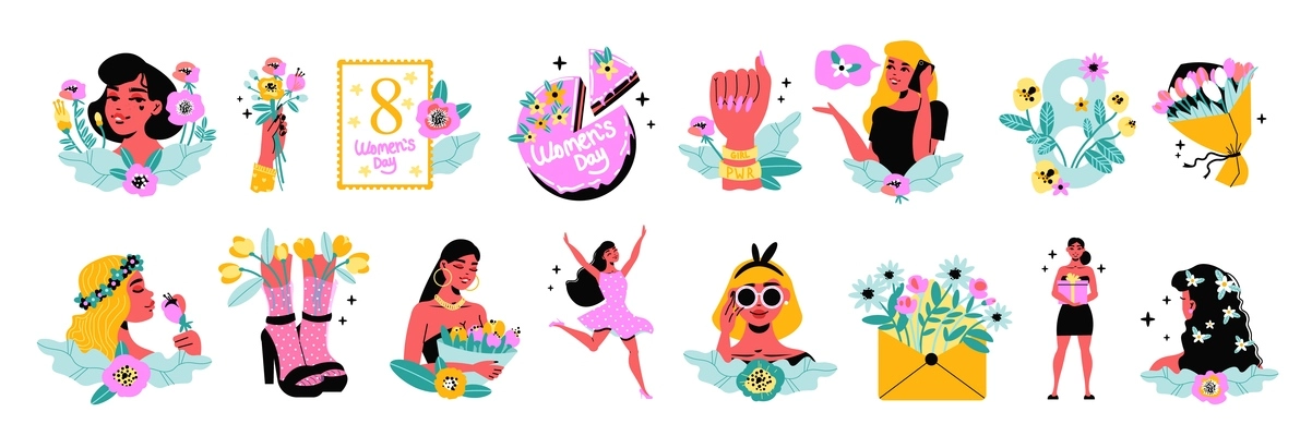 International womens day set with isolated icons of flowers cakes and gifts with happy girls characters vector illustration