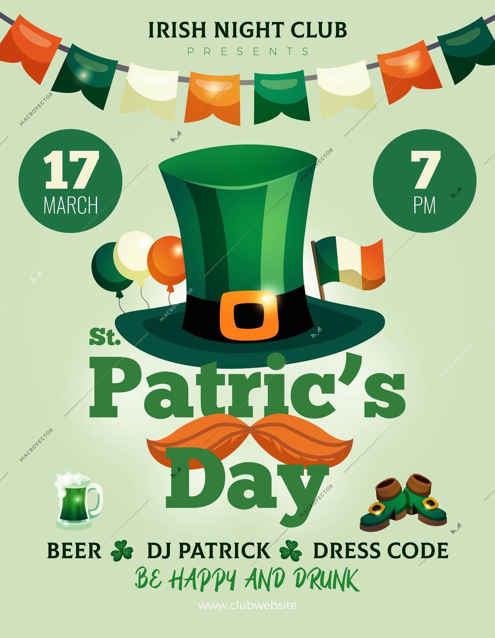 Saint patricks day vertical announcement poster with images of decorations leprechauns hat moustache and editable text vector illustration