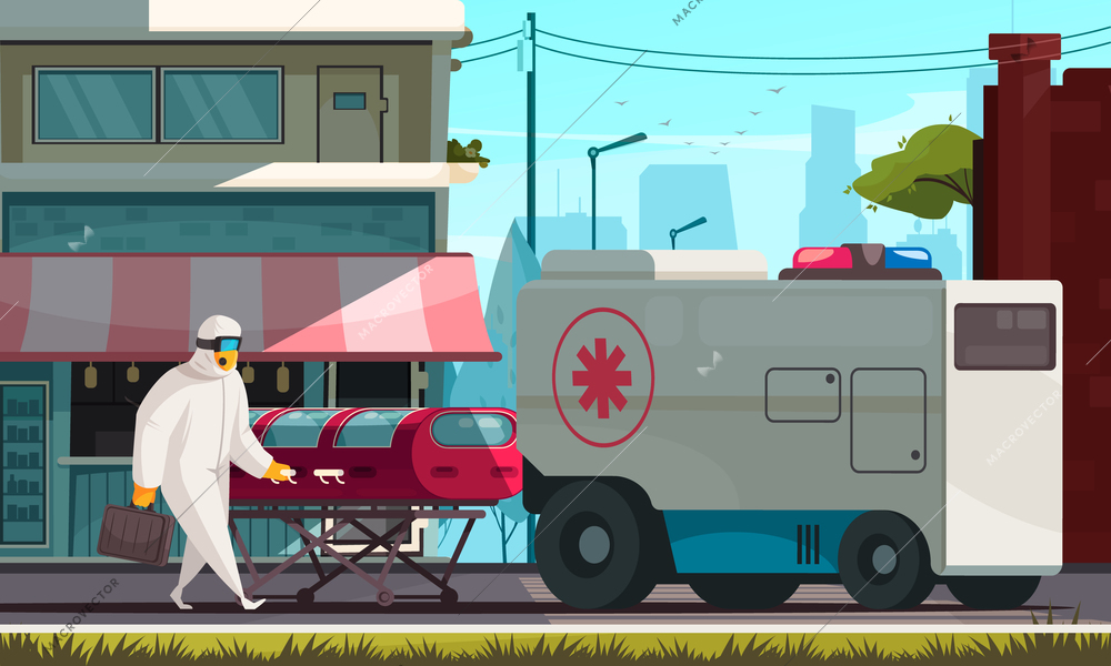 Coronavirus flat background with ambulance carrying infected patient in a closed capsule flat  vector illustration