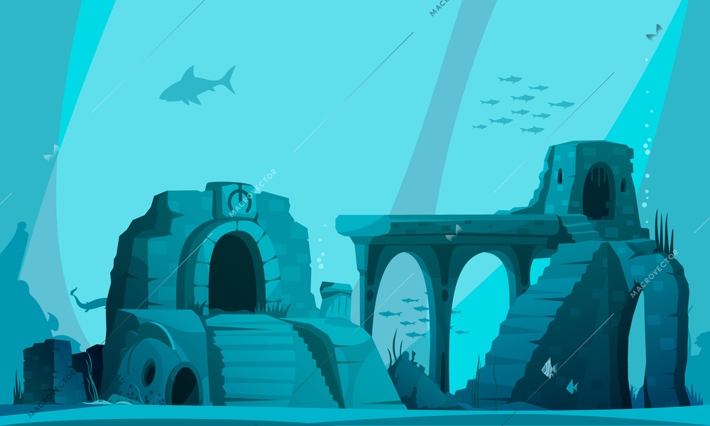Underwater landscape with ancient ruins of flooded atlantis in beams of light cartoon vector illustration