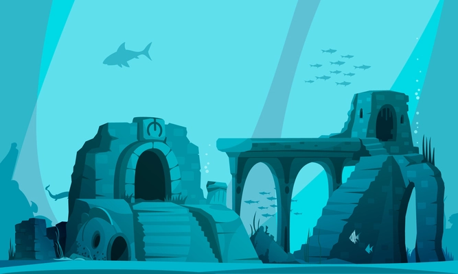 Underwater landscape with ancient ruins of flooded atlantis in beams of light cartoon vector illustration