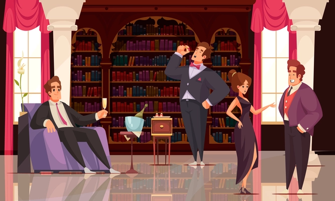 Rich people drinking champagne and leading conversation in fashionable interior of home library vector illustration