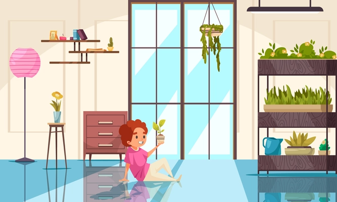 Cute kid character in cozy interior with houseplants looking at potted indoor plant flat vector illustration