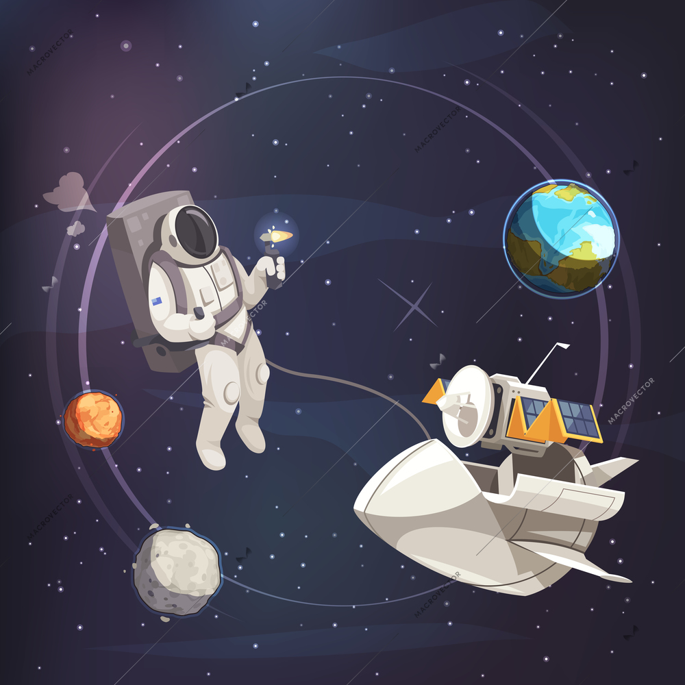 Space exploration flat background spaceship on earth orbit and astronaut in open space vector illustration