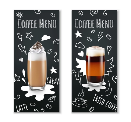 Coffee drinks realistic set of two vertical banners with coffee menu icons and cocktail glass images vector illustration