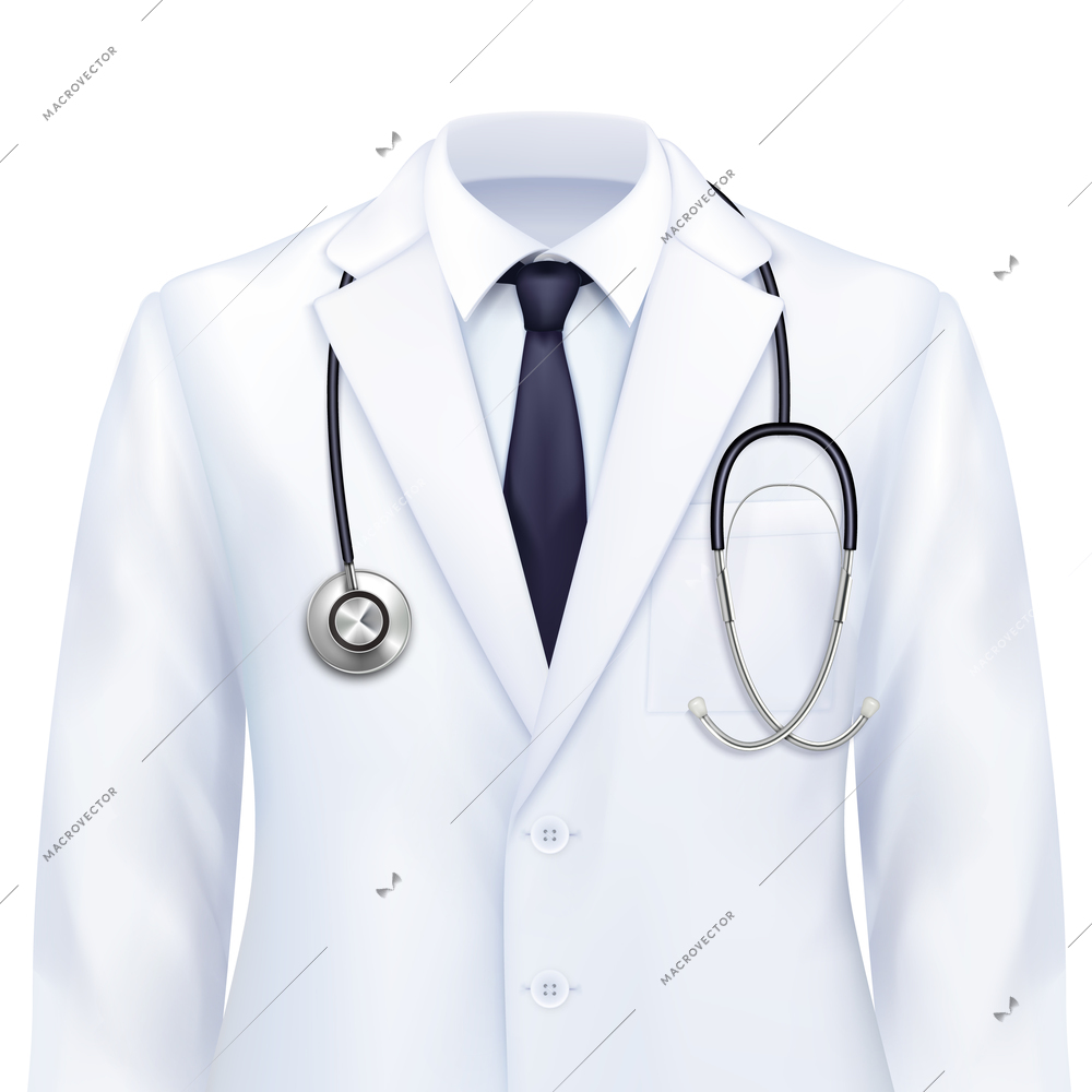 Doctor uniform realistic composition with view of medical specialists smart costume with shirt tie and stethoscope vector illustration