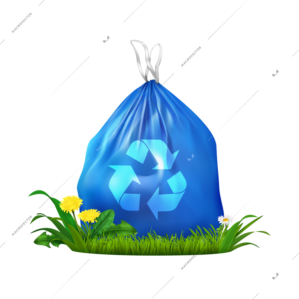 Eco plastic trash bag realistic composition with image of blue sack with recycling symbol on grass vector illustration