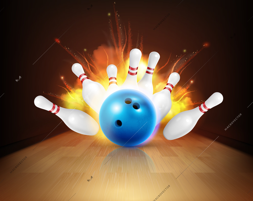 Bowling realistic fire composition with view of lane with ball and pins under strike with flame vector illustration