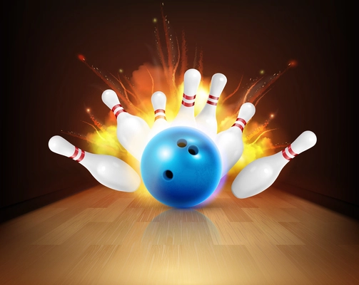 Bowling realistic fire composition with view of lane with ball and pins under strike with flame vector illustration