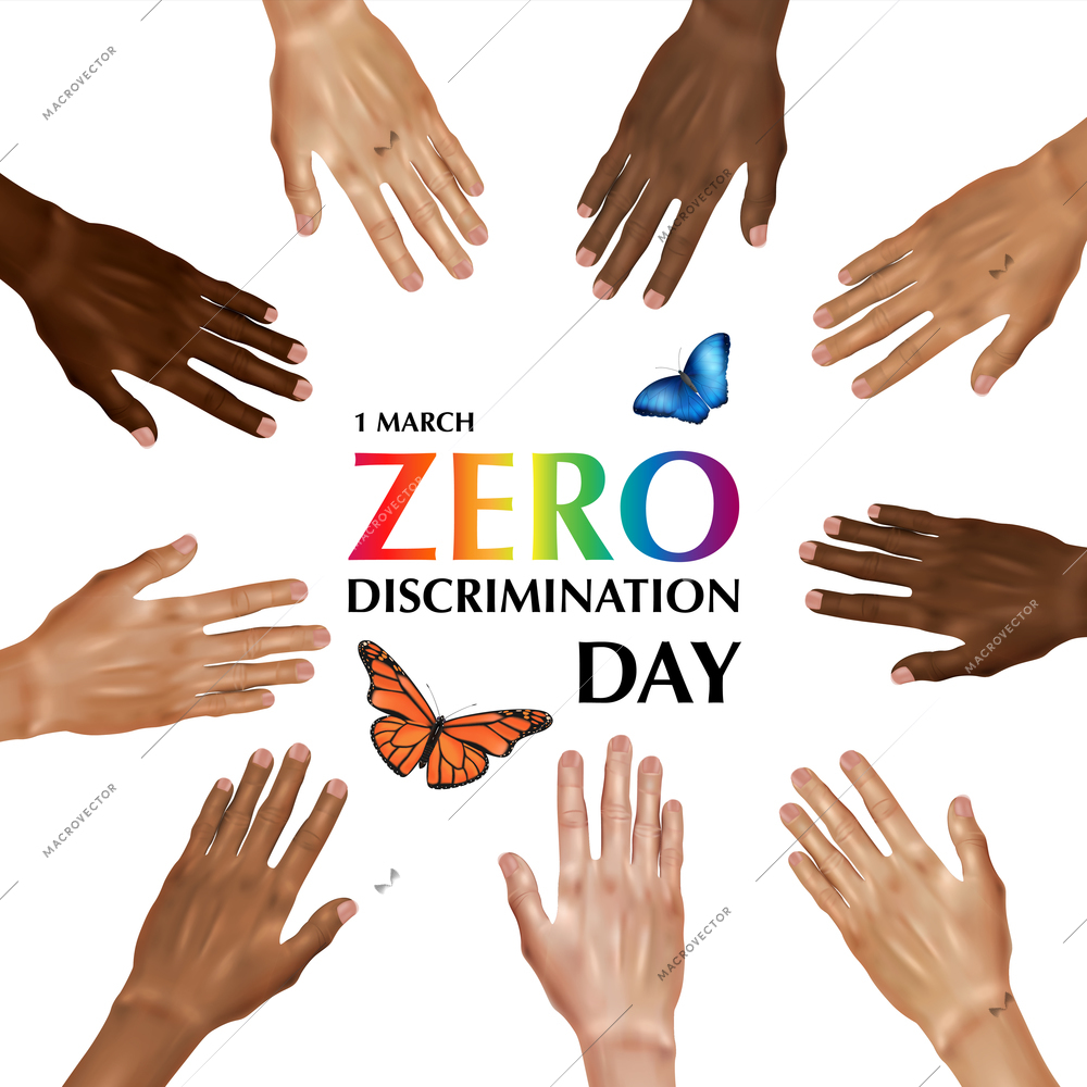 Zero discrimination day composition with colorful text surrounded by human hands of different color with butterflies vector illustration