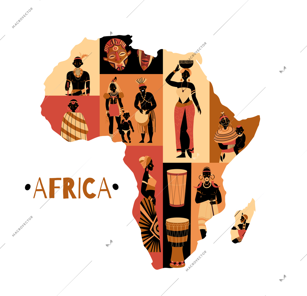 Africa composition with editable text and image of african continent with ancient images of black people vector illustration