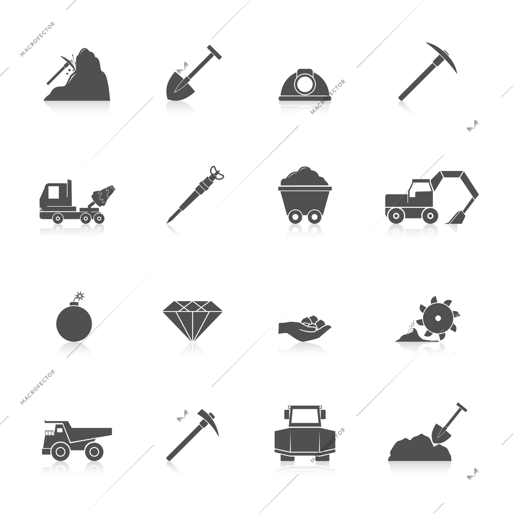 Mining coal gold and diamond industry black icons set isolated vector illustration