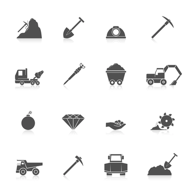 Mining coal gold and diamond industry black icons set isolated vector illustration