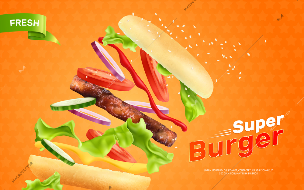 Burger advertising composition with realistic images of flying buns and ingredients with toppings and editable text vector illustration