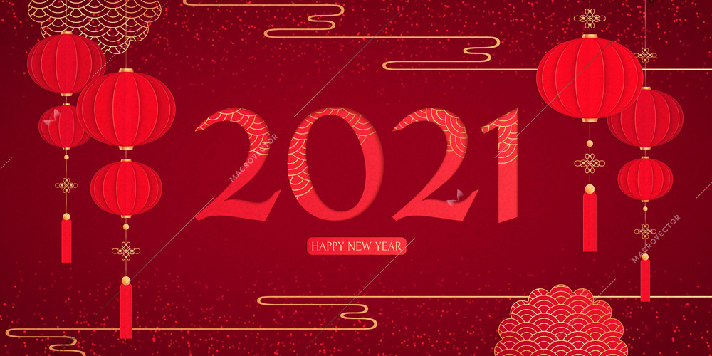 Chinese new year composition with ornate digits 2021 editable text and images of hanging red lanterns vector illustration