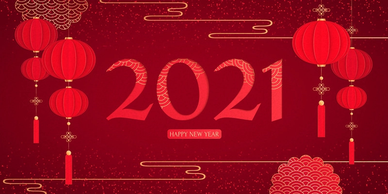 Chinese new year composition with ornate digits 2021 editable text and images of hanging red lanterns vector illustration