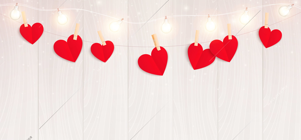 Valentines day hearts realistic composition with horizontal view of lights string with hanging hearts of paper vector illustration