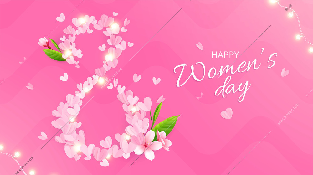 8 march womans day composition with pink background ornate text and digit made of pink petals vector illustration