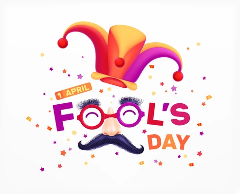Fools day 1 april realistic lettering composition with editable text and joker hat with fake moustache vector illustration