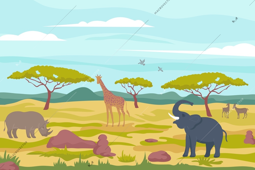 Wildlife africa flat composition with tropical savannah landscape populated by exotic animals birds rocks and trees vector illustration